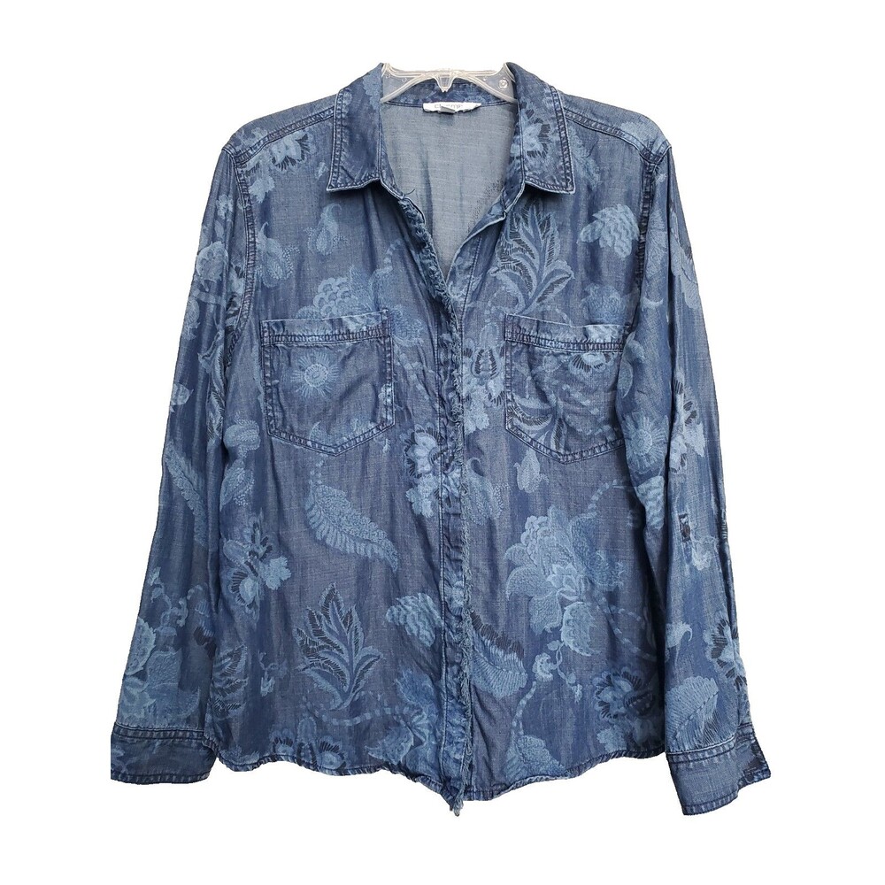 Chico's Tencel Lyocell Blue Woven Paisley Roll-Tab Sleeve Button-Up Shirt 3 (XL)
